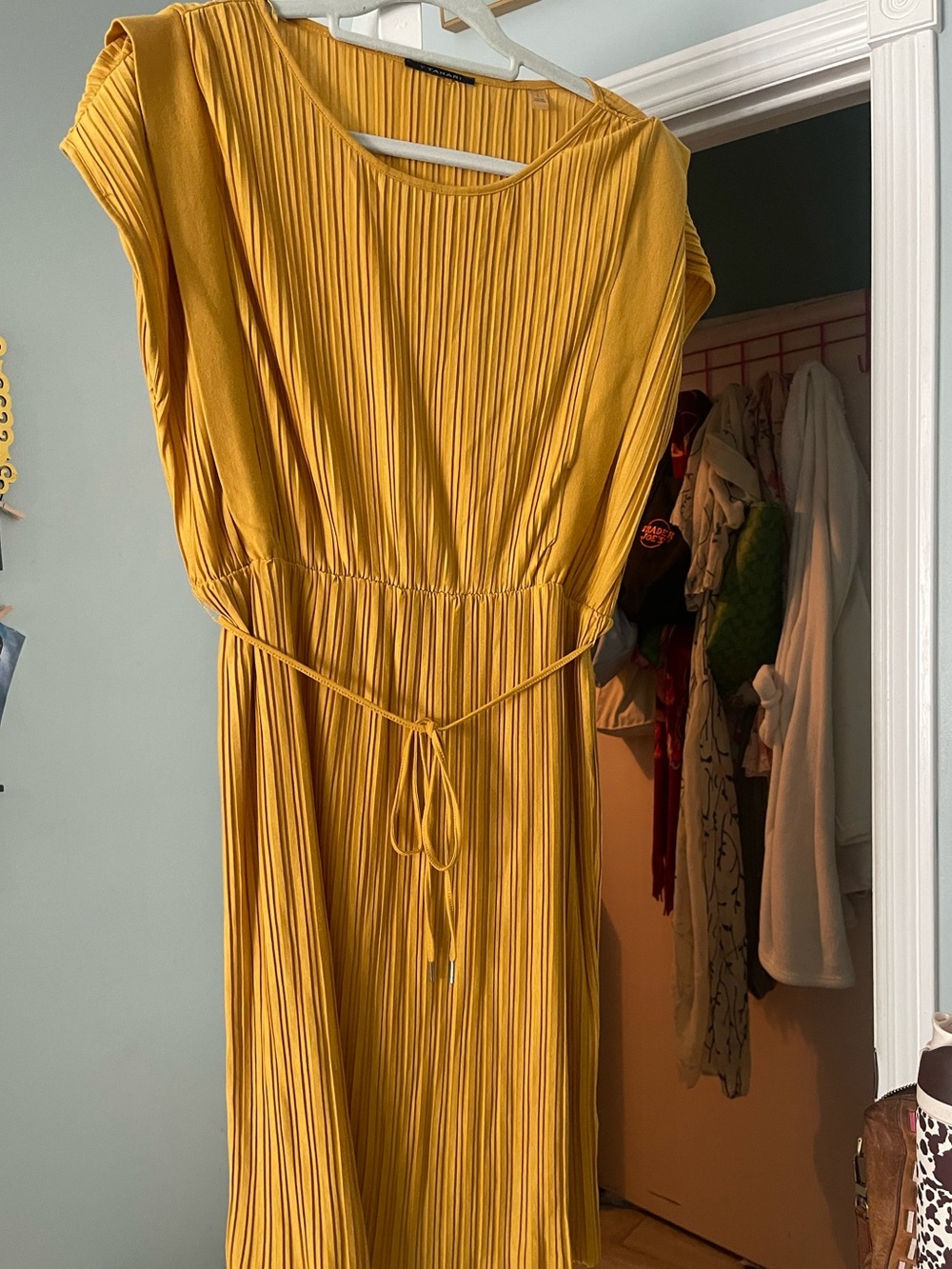 T Tahari Pleated Mustard Midi Dress with Waist Tie